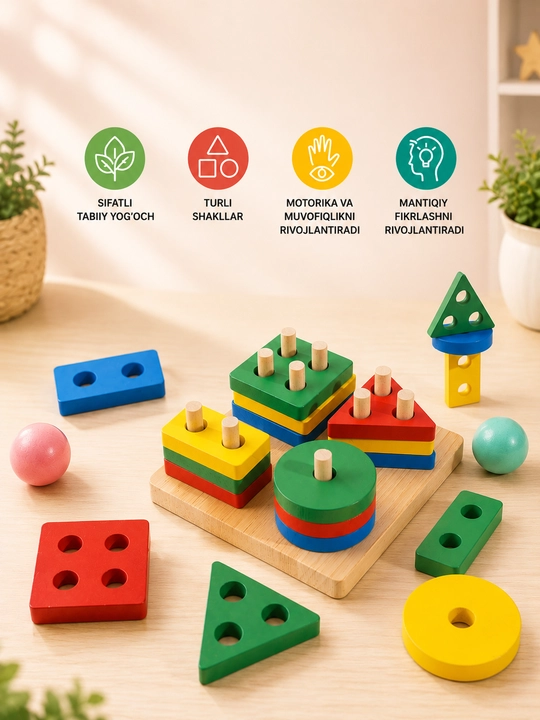 Bolalar uchun yog'och geometrik shakllar saralash o'yinchog'i - 