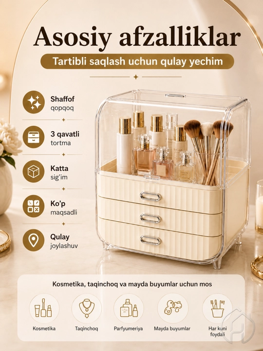 Органайзер для косметики 3 яруса с прозрачной и ящиками 36x16x28 см DB-152-500