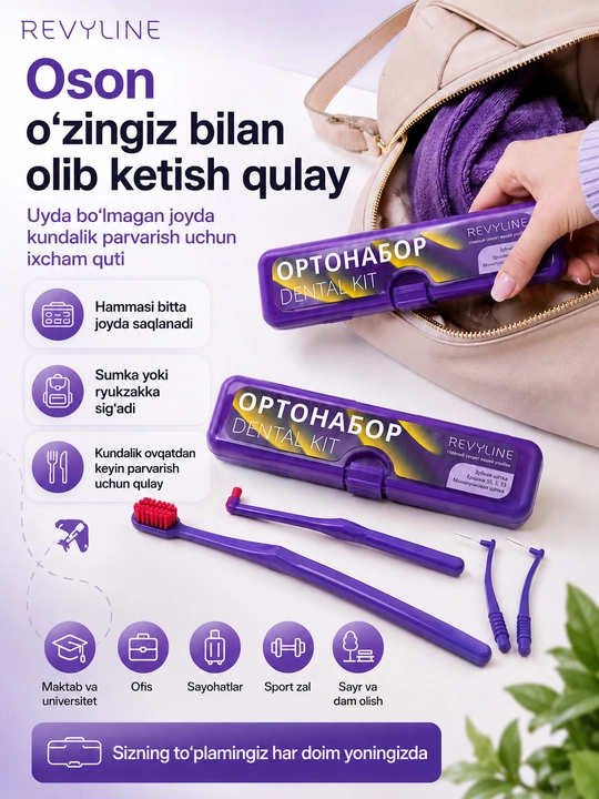 Revyline ortodontik to‘plami, breketlar uchun, bir tutamli cho‘tka va yorshiklar bilan