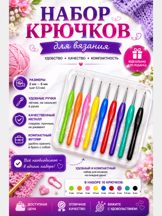 Крючок для вязания, с резиновой ручкой набор, 9 шт - 