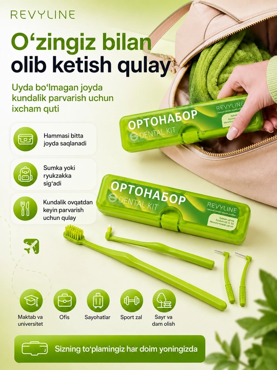 Revyline ortodontik to‘plami, breketlar uchun, bir tutamli cho‘tka va yorshiklar bilan
