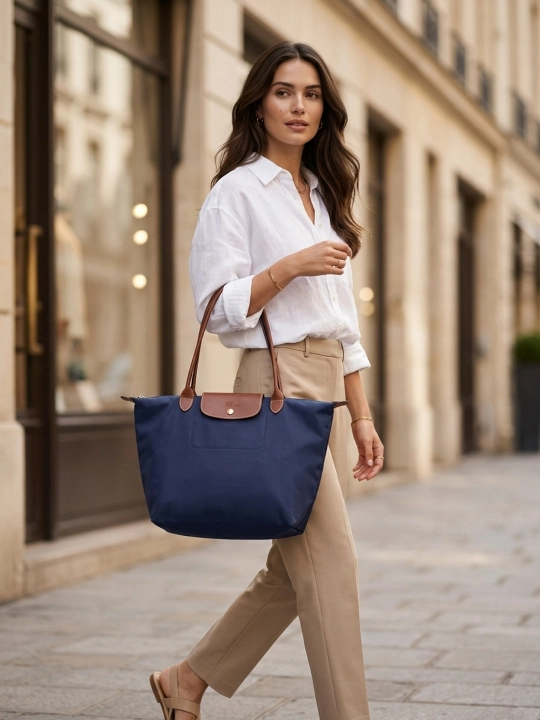 Maktab sumkasi, katta, ayollar uchun, Longchamp uslubida, o‘lchami M, tovut, shopper, A4 formatda
