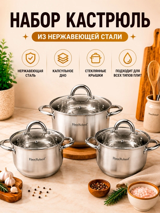 Кастрюля, набор из нержавеющей стали HausRoland, кастрюли с крышками, 1/3/4 предмета