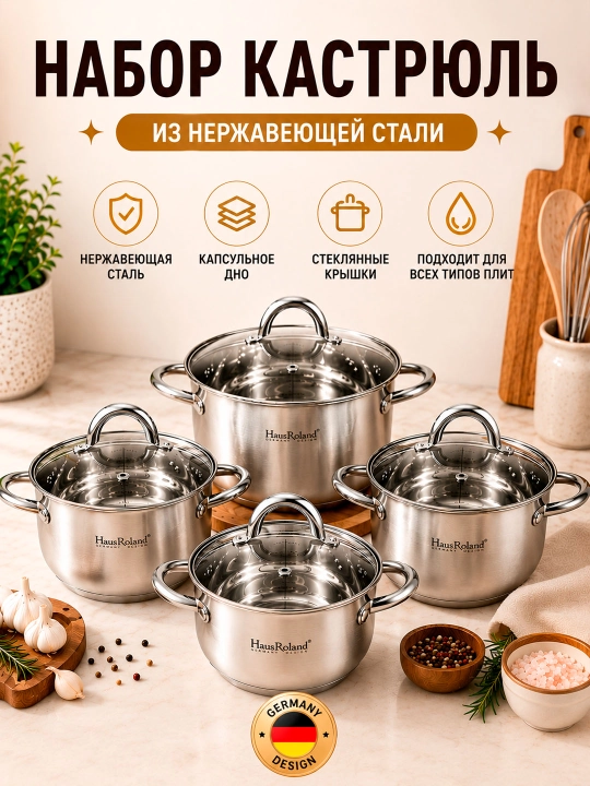Кастрюля, набор из нержавеющей стали HausRoland, кастрюли с крышками, 1/3/4 предмета