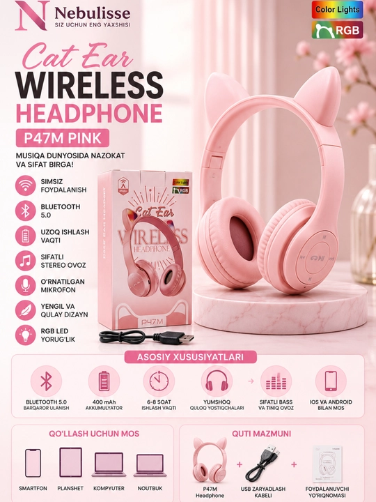 Bluetooth quloqchin P47M Cat Ear Pink, simsiz, RGB LED, mikrofonli, TF karta, AUX