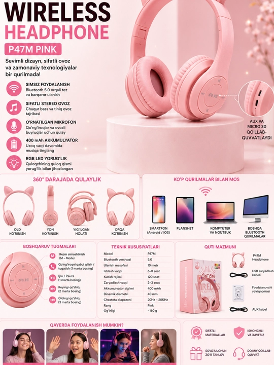 Bluetooth quloqchin P47M Cat Ear Pink, simsiz, RGB LED, mikrofonli, TF karta, AUX