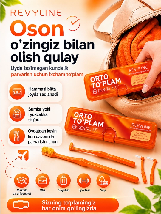 Revyline ortodontik to‘plami, breketlar uchun, bir tutamli cho‘tka va yorshiklar bilan