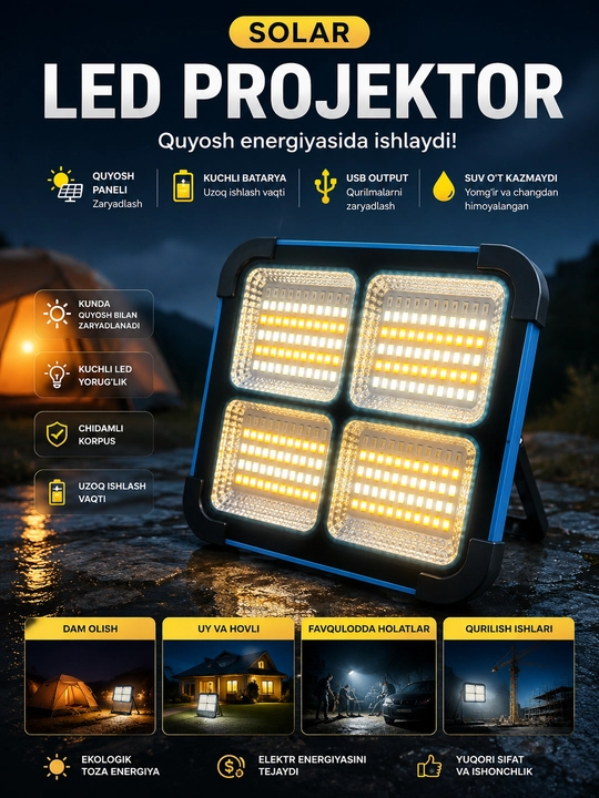 Quyoshli projektor, solar lampa, led projektor, zaryadlanadigan chiroq, camping lampa - 