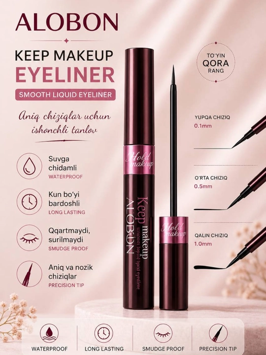 ALOBON Keep Makeup suvga chidamli podvodka, qora eyeliner 4 ml, ultra nozik - 
