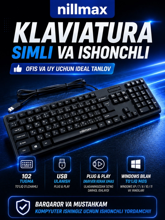 Simli klaviatura USB Office Keyboard 102 tugmali Nillmax NM37 - 
