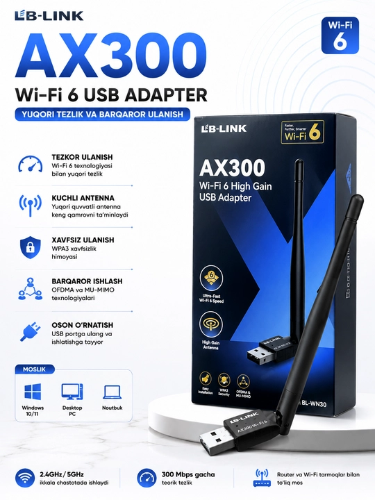 LB-LINK AX300 Wi-Fi 6 BL-WN30 USB adapteri, kuchli antenna, USB Wi-Fi qabul qilgich - 