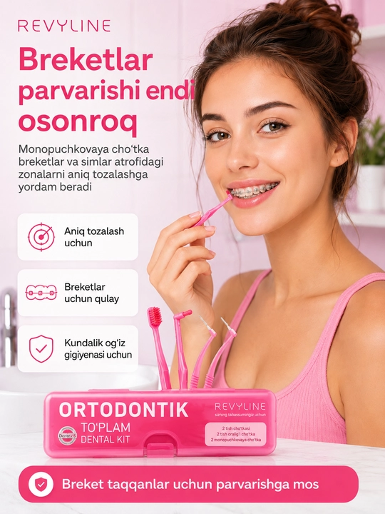 Revyline ortodontik to‘plami, breketlar uchun, bir tutamli cho‘tka va yorshiklar bilan