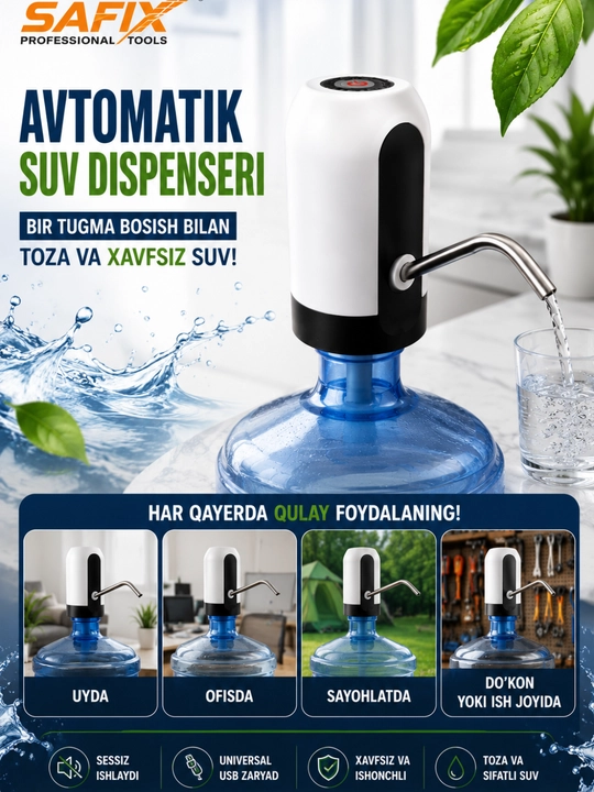 Avtomatik suv nasosi(pompa), USB orqali quvvatlanuvchi, 19L butilkalar uchun - 