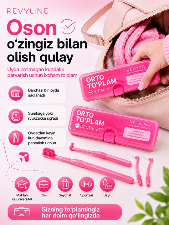 Revyline ortodontik to‘plami, breketlar uchun, bir tutamli cho‘tka va yorshiklar bilan
