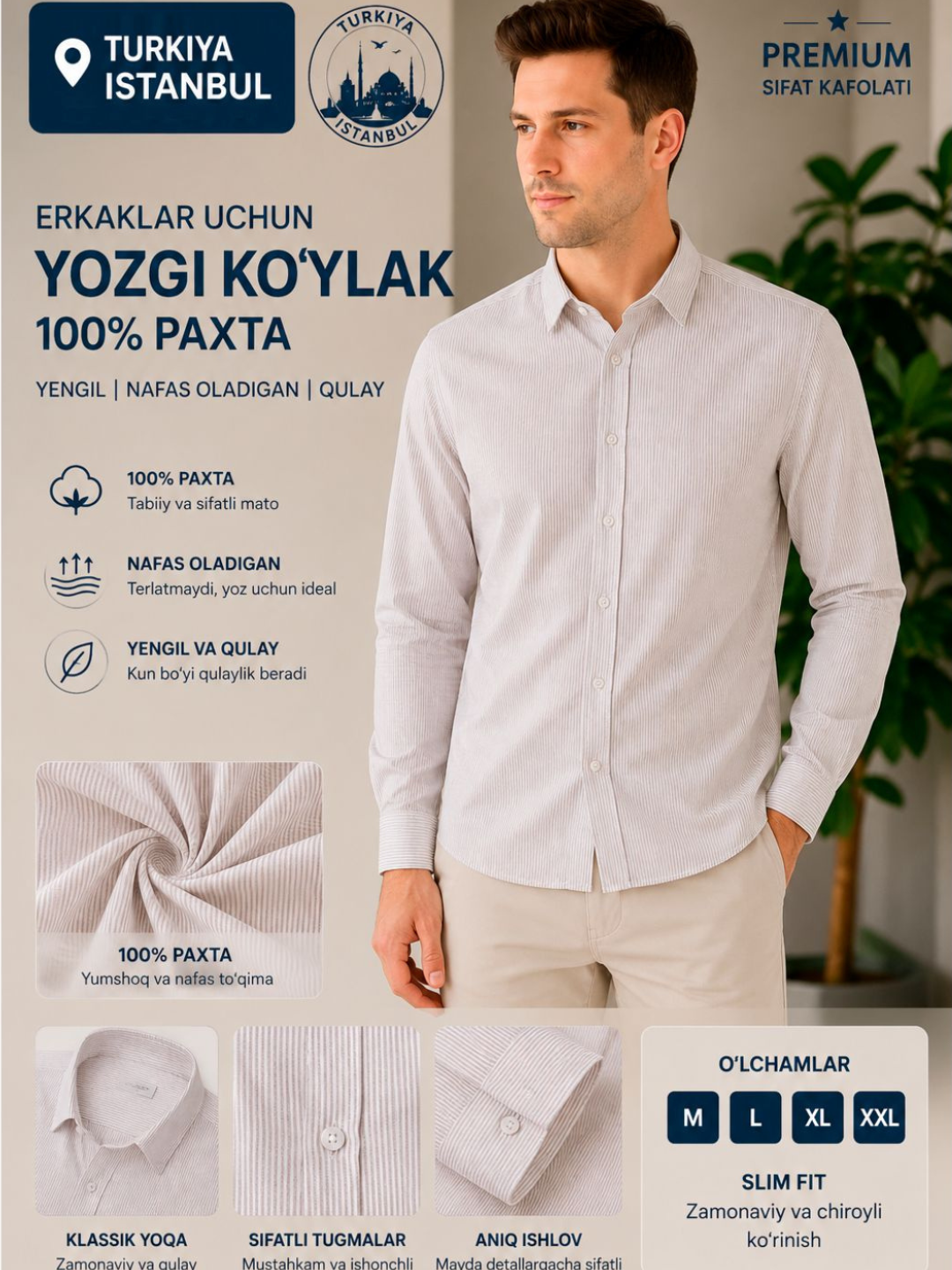 Turkiya, Erkaklar ko‘ylagi, 100% paxta tolali, yo‘l-yo‘l, uzun yengli, klassik - 