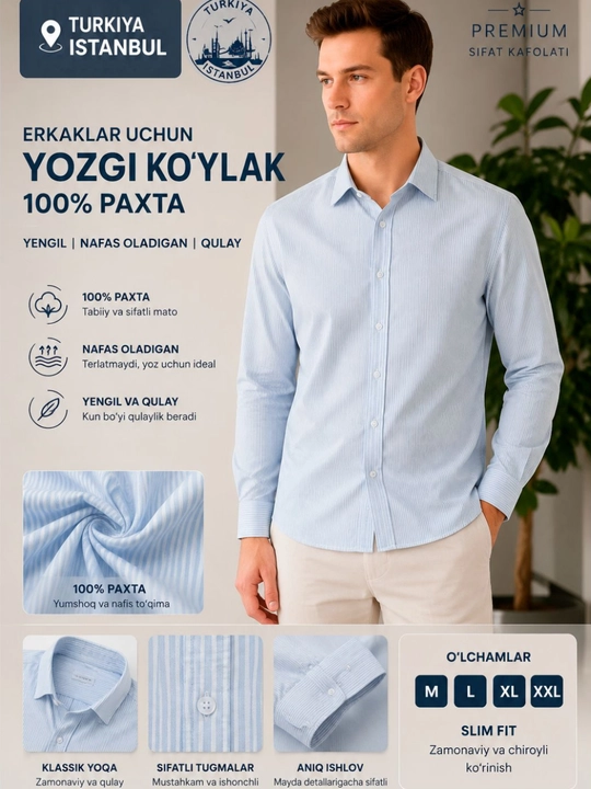 Turkiya, Erkaklar ko‘ylagi, 100% paxta tolali, yo‘l-yo‘l, uzun yengli, klassik - 