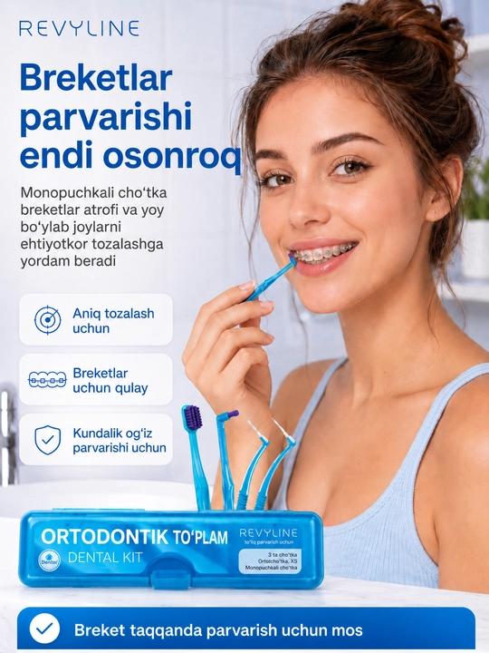 Revyline ortodontik to‘plami, breketlar uchun, bir tutamli cho‘tka va yorshiklar bilan