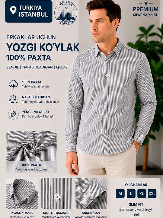 Turkiya, Erkaklar ko‘ylagi, 100% paxta tolali, yo‘l-yo‘l, uzun yengli, klassik - 