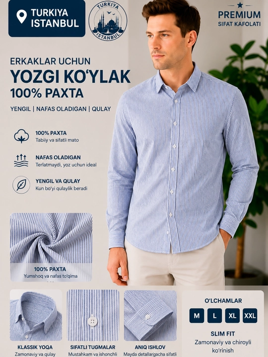 Turkiya, Erkaklar ko‘ylagi, 100% paxta tolali, yo‘l-yo‘l, uzun yengli, klassik - 