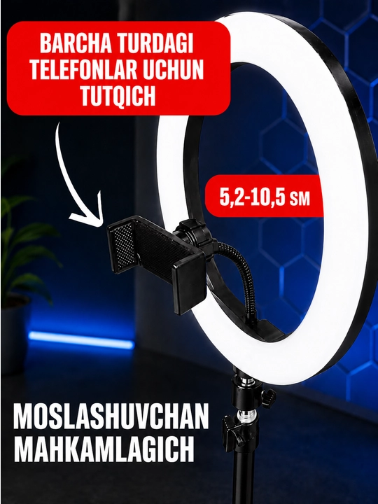 MJ-30 RGB Ring Light 30 sm Halqasimon Lampa, Shtativ va Telefon Ushlagich bilan