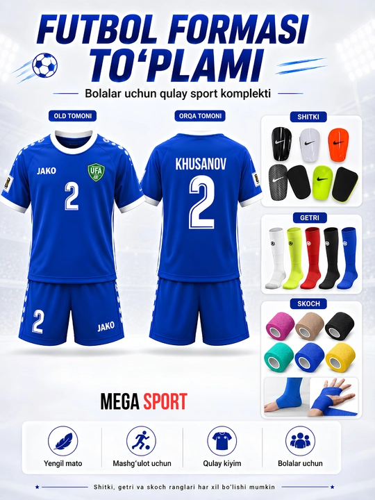 Futbol uchun to‘liq sport to‘plami 4 in 1 — forma, shitki, getri va skoch