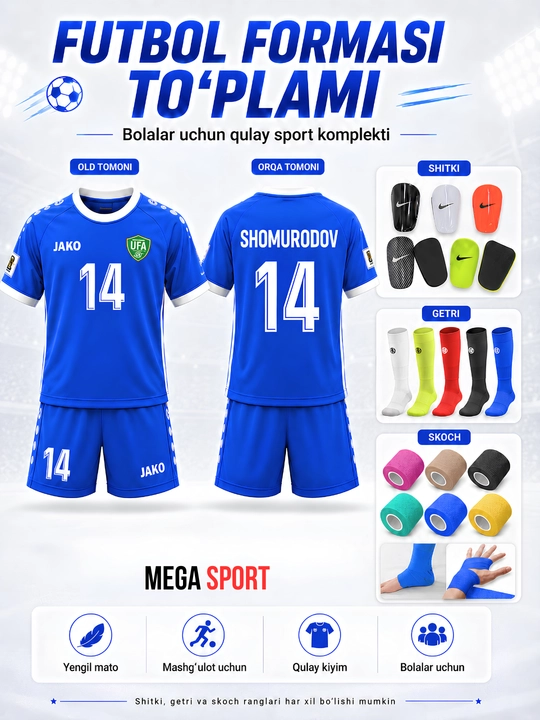 Futbol uchun to‘liq sport to‘plami 4 in 1 — forma, shitki, getri va skoch