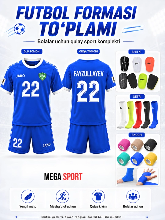 Futbol uchun to‘liq sport to‘plami 4 in 1 — forma, shitki, getri va skoch