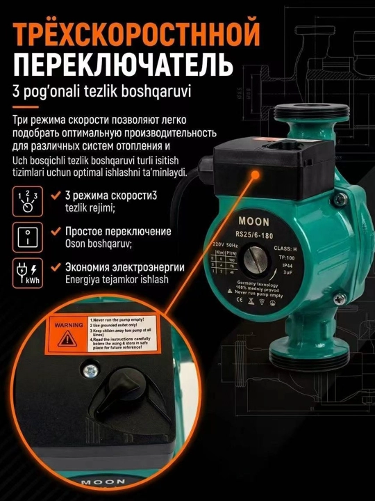 Циркуляционный насос MOON RS25/6-180 220В 3 скорости для отопления и солнечных систем