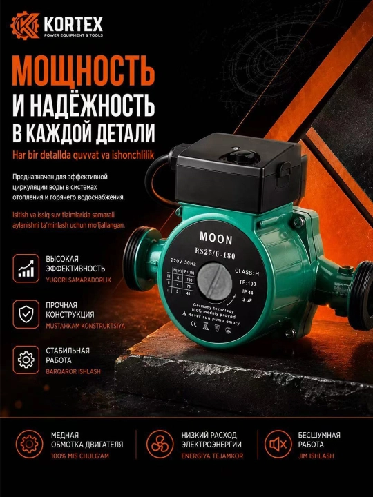 Циркуляционный насос MOON RS25/6-180 220В 3 скорости для отопления и солнечных систем