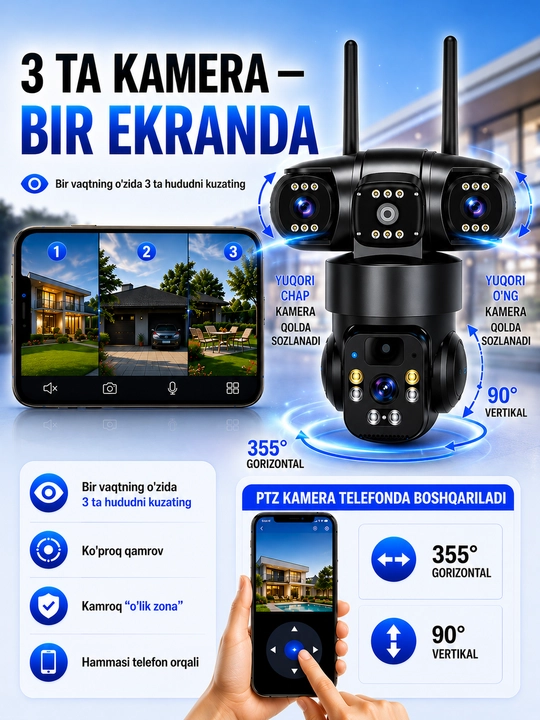 3 ta kamera va 4G SIM-kartali aqlli kamera" "Wi-Fi talab qilinmaydi" "To‘liq 360 nazorat