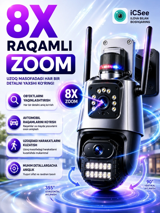 3 ta kamera va 4G SIM-kartali aqlli kamera" "Wi-Fi talab qilinmaydi" "To‘liq 360 nazorat
