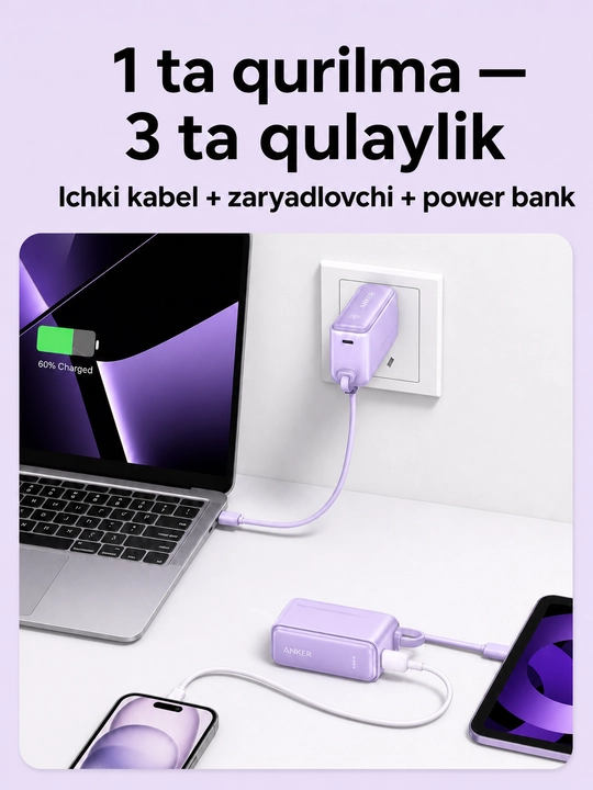 Anker Power Bank 5000mAh A1636 30W+zaryadlovchi qurilma-2 tasi 1 da USB-C kabel bilan