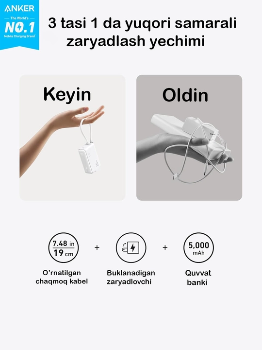 Anker Power Bank 5000mAh A1636 30W+zaryadlovchi qurilma-2 tasi 1 da USB-C kabel bilan