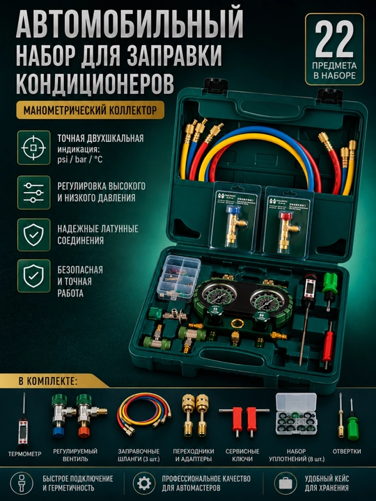 Konditsioner va авто uchun manometr kollektor, R134a va R410a gazlar uchun - 