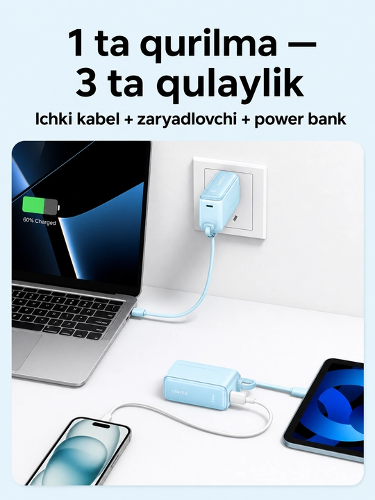 Anker Power Bank 5000mAh A1636 30W+zaryadlovchi qurilma-2 tasi 1 da USB-C kabel bilan