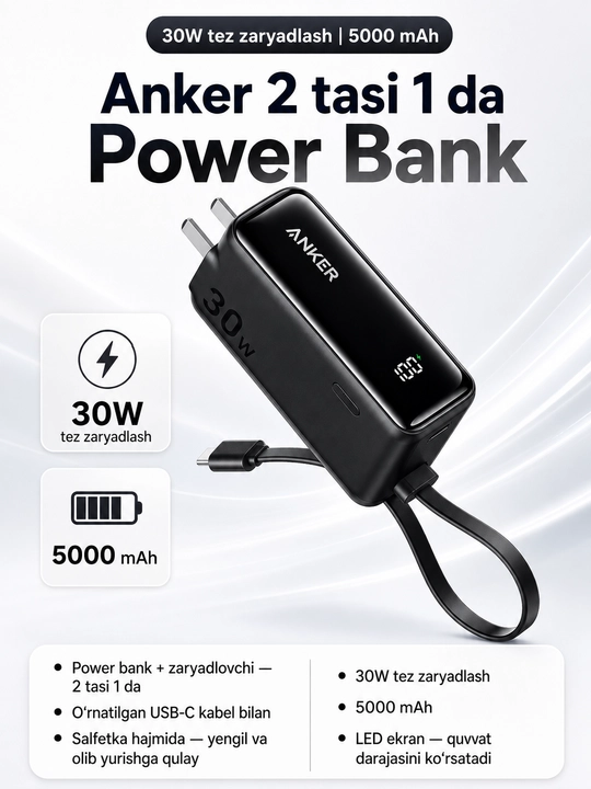 Anker Power Bank 5000mAh A1636 30W+zaryadlovchi qurilma-2 tasi 1 da USB-C kabel bilan - 