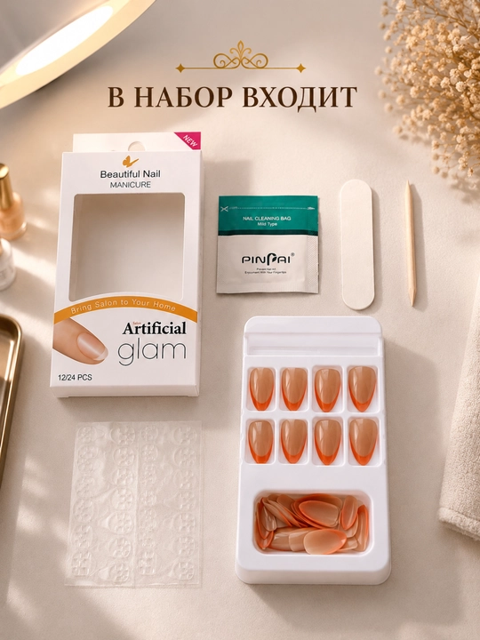 Накладные ногти фиолетовый френч,  30 шт, миндальная форма