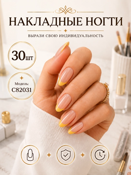 Накладные ногти фиолетовый френч,  30 шт, миндальная форма - 