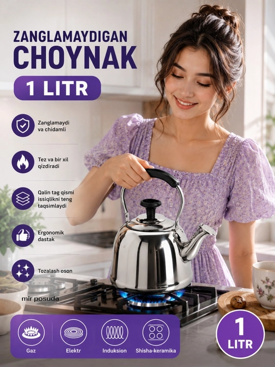 Zanglamaydigan po'lat choynak – Gaz, elektr, induksion va shisha-keramika plitalari uchun - 