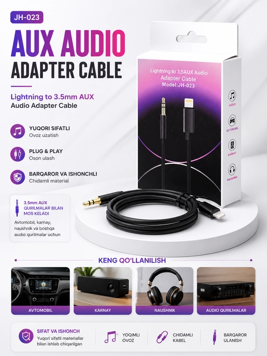 Аудиокабель H-023 Lightning — 3,5 мм AUX, аудиокабель для iPhone