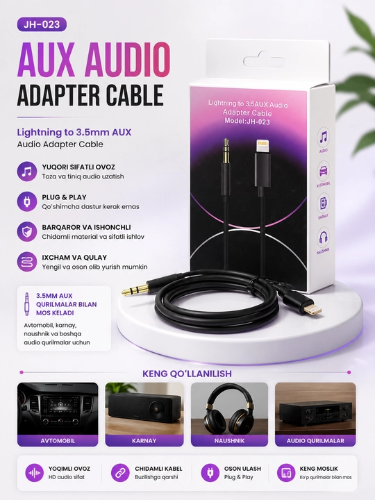 H-023 Lightning to 3.5 mm AUX Audio Adapter Cable, iPhone uchun audio kabel - 