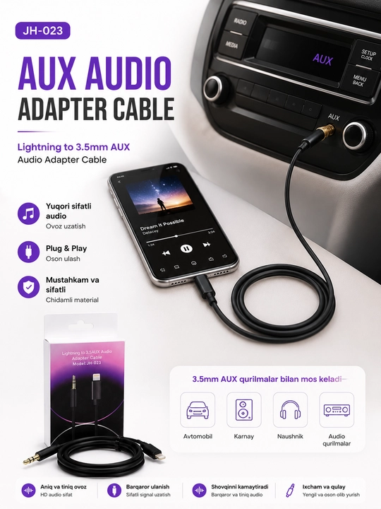 Аудиокабель H-023 Lightning — 3,5 мм AUX, аудиокабель для iPhone