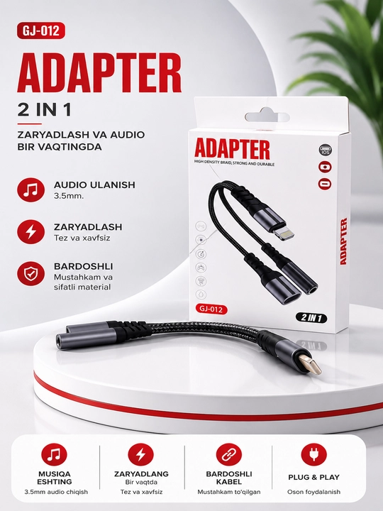GJ-012 2 ta 1 ta Lightning adapteri, audio va quvvatlash adapteri - 