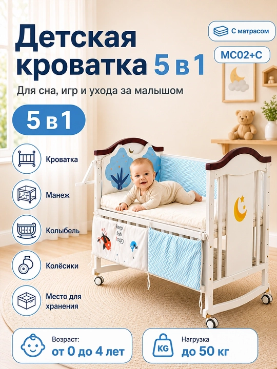 Bolalar karavoti, 12 yoshgacha bo‘lgan bolalar uchun, ko‘p funksiyali - 
