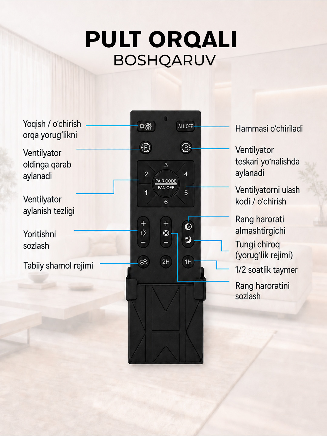 Ventilyator lyustra LED qandil, 6 xil yoritish rejimi, oshxona, zal va yotoqxona uchun mos