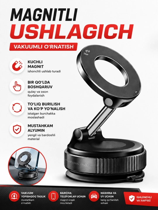Magnetic Vacuum Phone Holder for Car with Magsafe, 360 Degree, Suction Cup - 