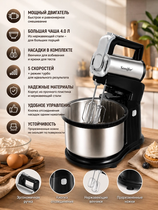 Профессиональный планетарный кухонный миксер Sonifer — мощный, высокопроизводительный
