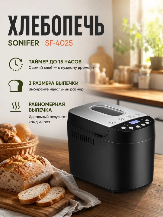Хлебопечка Sonifer SF-4025, для очень вкусных хлебобулочных изделий в домашних условиях - 
