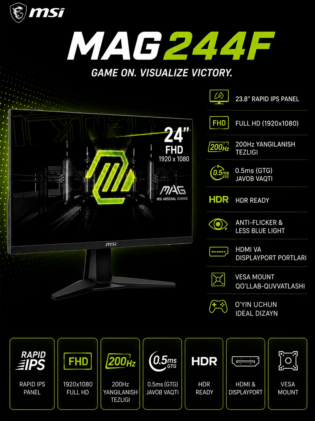 Игровой монитор MSI MAG244F 200Hz FHD, Rapid IPS , 0.5ms , черный за 1695000 сум со скидкой 66%. Uzum Market