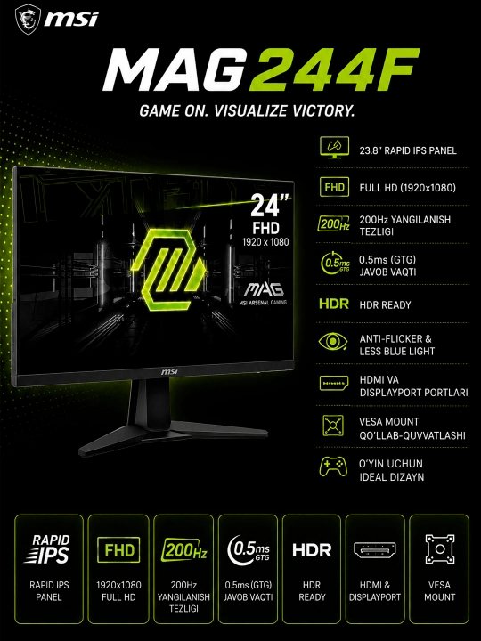 O'yin monitori MSI  MAG244F 200Hz FHD, Rapid IPS , 0.5ms  - 